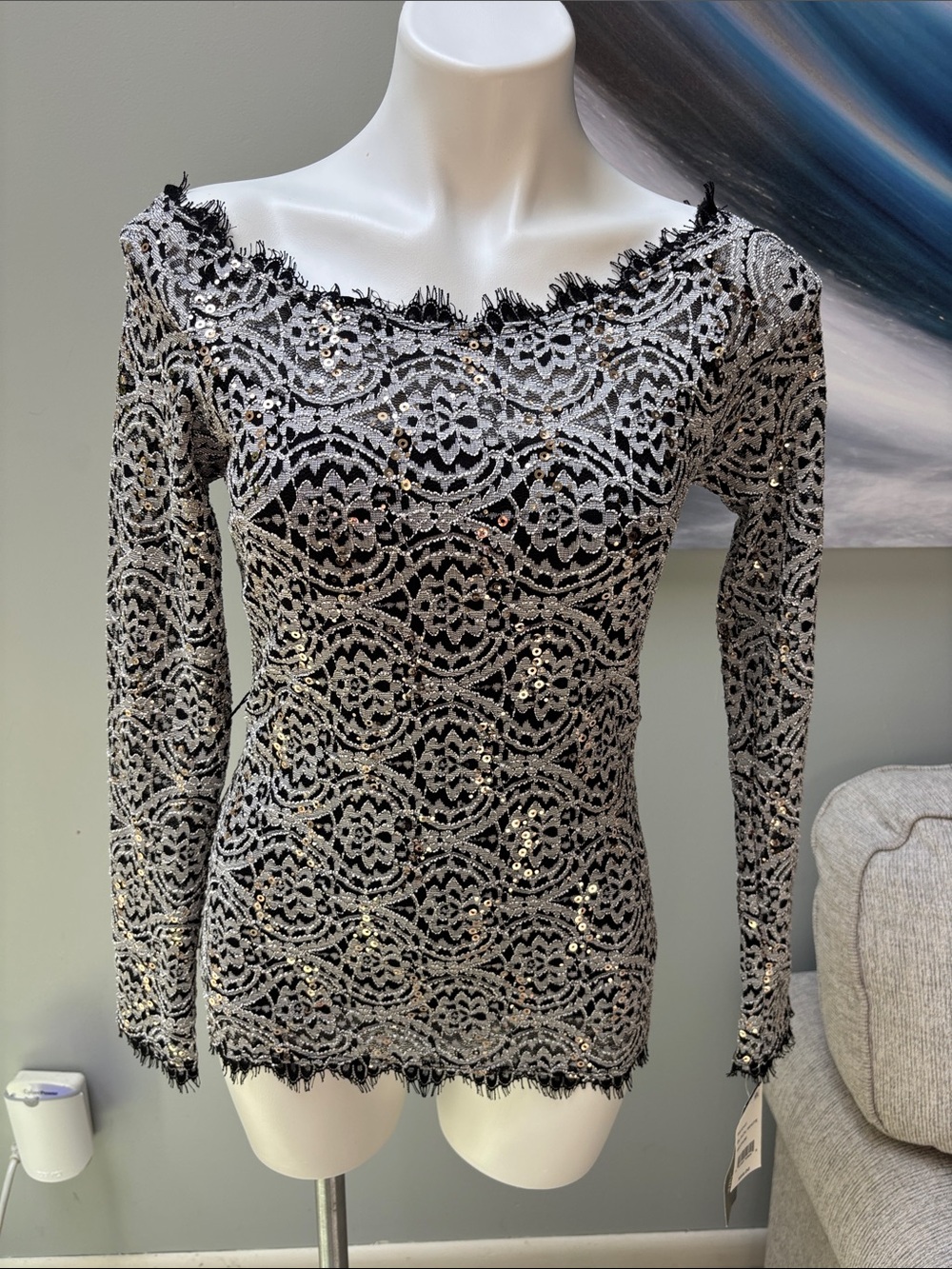 Onyx Nite Black Lace Sequin Long-Sleeve Women's Top